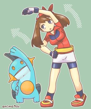 1girl :o arrow_(symbol) artist_name bandana black_gloves black_shorts black_socks blue_shorts brown_hair fanny_pack full_body gen_3_pokemon gloves green_background hand_on_own_hip hashtag-only_commentary highres marshtomp may_(pokemon) nintendo onimotsu_matarou open_mouth outline pokemon pokemon_(creature) pokemon_rse red_bandana red_shirt red_shoes shirt shoes short_sleeves shorts socks standing stretching two-tone_gloves white_gloves white_outline