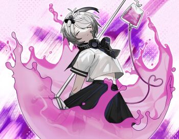 1girl bandaged_arm bandages black_sailor_collar closed_eyes commentary_request flower_(vocaloid) grey_hair headphones headphones_around_neck heart heart_of_string highres intravenous_drip iv_stand kneeling miniskirt navel pill_hair_ornament pleated_skirt sailor_collar school_uniform serafuku short_hair skirt solo soyaka tears venom_(vocaloid) vocaloid