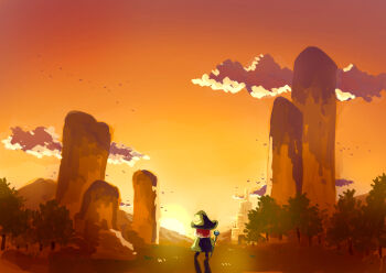 1girl aoi_yoru_(shikizaki) black_hat black_shirt cloud colorful from_behind hat highres holding holding_staff impressionism landscape mountain orange_sky original outdoors red_hair scenery shirt simple_bird sky sky_focus solo staff standing sun sunset tree wide_shot witch_hat