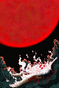 1boy absurdres blonde_hair blood dark_background gear_fifth highres liquid lying male_focus monkey_d._luffy moon on_back one_piece open_mouth outstretched_arms red_moon ripped1taliano sandals shirt short_hair shorts smile spread_arms white_hair white_shirt yellow_shorts