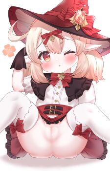 1girl ass black_gloves blonde_hair blush chubaki cleft_of_venus dress feet_out_of_frame female_focus genshin_impact gloves hair_ribbon hat klee_(genshin_impact) loli looking_at_viewer no_panties one_eye_closed orange_eyes pointy_ears pussy red_hat red_ribbon ribbon sitting solo spread_legs thighhighs twintails upskirt white_background white_thighhighs witch_hat