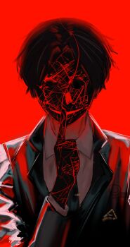 1boy apapyart black_hair black_necktie black_suit censored censored_identity collared_shirt commentary curtained_hair english_commentary evil_smile finger_to_mouth formal_clothes highres index_finger_raised jacket lapels limbus_company male_focus necktie notched_lapels project_moon red_background red_theme rien_(project_moon) shirt short_hair shushing smile solo string string_of_fate suit suit_jacket watermark white_shirt