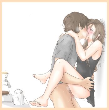 1boy 1girl against_wall ass bare_arms bare_legs bare_shoulders black_negligee blush border bottomless breasts breath brown_eyes brown_hair censored clothed_sex coffee coffee_filter coffee_pot commentary_request couple cowboy_shot curly_hair dark-skinned_male dark_skin detexted erosheee faceless faceless_male french_kiss grey_shirt hair_over_one_eye hair_strand half-closed_eyes hand_on_another's_shoulder hands_on_another's_hips happy_sex hetero highres holding indoors kiss lifting_person lingerie long_hair looking_at_another medium_breasts messy_hair moaning mosaic_censoring negligee nightgown open_mouth orange_border original pajamas penis pitcher_(container) profile pussy_juice sex shadow shirt short_hair short_sleeves sidelocks simple_background sleeveless spread_legs standing standing_sex suspended_congress sweat t-shirt table third-party_edit torogao underwear white_background