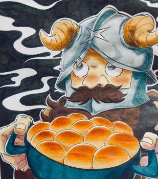1boy beard bread dungeon_meshi dwarf facial_hair fake_horns food helmet highres holding horned_helmet horns long_beard looking_up male_focus mustache senshi_(dungeon_meshi) solo steaming_body thick_mustache umv17fbxbybhwcf upper_body very_long_beard wok