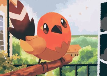 absurdres animal_focus bird black_eyes bright_pupils commentary_request fletchling full_body gen_6_pokemon highres nintendo no_humans omega_takai outdoors pokemon pokemon_(creature) railing solo white_pupils