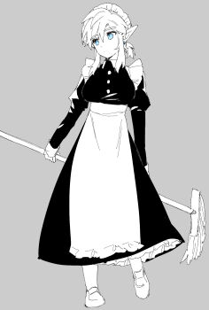 1girl alternate_costume apron blue_eyes breasts broom commentary_request earrings enmaided grey_background greyscale hair_between_eyes highres holding holding_broom jewelry juliet_sleeves large_breasts link long_sleeves maid maid_headdress monochrome nintendo pointy_ears ponytail puffy_sleeves shoes simple_background solo the_legend_of_zelda the_legend_of_zelda:_breath_of_the_wild ttanuu. waist_apron