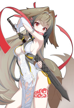 1girl absurdres accessories armlet ass breasts brown_hair brown_tail china_dress chinese_clothes clover clover_hair_ornament cowboy_shot dress fakeseal2 hair_intakes hair_ornament hairband highres holding holding_sword holding_weapon jewelry leg_tattoo legs_apart long_hair medium_breasts red_eyes red_ribbon ribbon see-through_clothes silver_armlet simple_background solo sword tail tattoo very_long_hair weapon white_background white_hairband ye_shunguang zenless_zone_zero