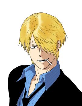 1boy blonde_hair cigarette commentary_request curly_eyebrows facial_hair formal_clothes goatee gzeibrianlg hair_over_one_eye highres korean_commentary male_focus mustache_stubble necktie one_piece sanji_(one_piece) solo stubble suit upper_body