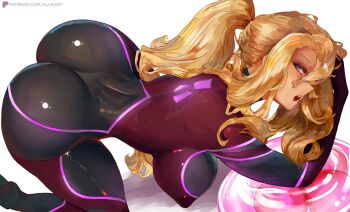 Rule 34 | 1girl, adapted costume, alva (artofalva), artist name, ass, black bodysuit, blonde hair, blue eyes, bodysuit, breasts, commentary, english commentary, hanging breasts, highres, impossible bodysuit, impossible clothes, large breasts, long hair, looking at viewer, metroid, metroid (creature), metroid prime 4: beyond, multicolored bodysuit, nintendo, patreon logo, patreon username, ponytail, power suit (metroid), red bodysuit, samus aran, skin tight, solo, two-tone bodysuit, vi-o-la suit, watermark, web address, white background, zero suit