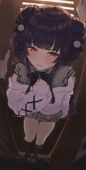 1boy 1girl absurdres aegyo_sal aran_sweater black_hair black_socks blunt_bangs blush cable_knit double_bun fingernails grey_skirt hair_bun highres idolmaster idolmaster_shiny_colors in_locker kneehighs long_hair looking_at_viewer mayuzumi_fuyuko nekoplanetouo pink_sweater plaid_clothes plaid_skirt pov pov_hands skirt socks sweatdrop sweater