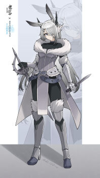 1girl absurdres alternate_costume animal_ears arknights armor armored_boots belt belt_buckle black_pantyhose boots bright_pupils buckle chinese_commentary closed_mouth commentary_request copyright_name frostnova_(arknights) full_body fur-trimmed_boots fur_trim grey_belt grey_eyes grey_hair hair_ornament hairclip highres holding holding_knife holding_sword holding_weapon jiuyu_qame knife long_hair looking_at_viewer monster_hunter:_world monster_hunter_(series) monster_hunter_world:_iceborne o-ring o-ring_belt pantyhose scar scar_on_face scar_on_nose solo standing sword thigh_boots vambraces weapon white_pupils zoom_layer