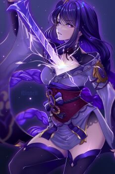 1girl alinnett armor artist_name blunt_bangs blurry blurry_background braid breasts bridal_gauntlets commentary depth_of_field electricity english_commentary fan_hair_ornament genshin_impact glowing glowing_eyes head_tilt highres holding holding_sword holding_weapon japanese_clothes katana kimono lingerie long_braid long_sleeves looking_at_viewer mitsudomoe_(shape) mole mole_under_eye musou_isshin_(genshin_impact) neck_ribbon off_shoulder parted_lips purple_background purple_kimono purple_thighhighs raiden_shogun red_ribbon red_sash ribbon sash shoulder_armor single_braid solo sword thick_thighs thighhighs thighs tomoe_(symbol) underwear upper_body watermark weapon wide_sleeves