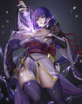 1girl armor blue_flower blue_nails braid breasts bridal_gauntlets cleavage commentary_request cowboy_shot drawing_sword electricity fingernails flower genshin_impact gradient_background grey_background hair_flower hair_ornament highres holding holding_sword holding_weapon human_scabbard japanese_clothes jeneral kimono large_breasts light_particles long_fingernails long_hair looking_at_viewer low-braided_long_hair low-tied_long_hair mitsudomoe_(shape) mixed-language_commentary mole mole_under_eye musou_isshin_(genshin_impact) nail_polish nipples obi obiage obijime parted_lips purple_eyes purple_hair purple_kimono raiden_shogun revision sash see-through_clothes shoulder_armor solo sword tassel thighhighs tomoe_(symbol) very_long_hair weapon wide_sleeves