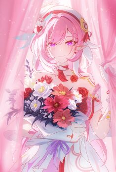 1girl absurdres bare_shoulders beret bouquet breasts chinese_commentary commentary_request curtains diamond-shaped_pupils diamond_(shape) dress elf elysia_(hi_love_elf)_(honkai_impact) elysia_(honkai_impact) euzh266 flower hat highres holding holding_bouquet honkai_(series) honkai_impact_3rd large_breasts looking_at_viewer multicolored_hair pink_hair pointy_ears purple_eyes purple_hair red_dress smile solo symbol-shaped_pupils two-tone_hair white_dress white_hair