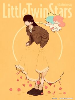 absurdres aqua_hair black_eyes black_hair black_nails black_shoes blending bow brown_jacket brown_vest candy candy_cane collared_shirt commentary_request dress food highres jacket kiki_(little_twin_stars) lala_(little_twin_stars) little_twin_stars long_hair necktie official_art original pink_bow pink_hair sanrio second-party_source shadow shirt shoes short_hair skirt skirt_hold sleeves_past_wrists socks star_(symbol) star_wand striped_clothes striped_necktie syooooyoooo vest white_dress white_shirt yellow_background yellow_skirt yellow_socks