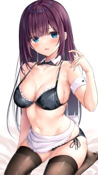 1girl absurdres apron arm_strap armpit_crease bare_shoulders bikini black_bikini black_thighhighs blue_eyes bow bowtie breasts brown_thighhighs cleavage collarbone detached_collar frilled_bikini frills gluteal_fold hand_up highres long_hair looking_at_viewer maid maid-chan_(ramchi) maid_apron maid_bikini medium_breasts mole mole_under_eye navel no_shoes original parted_lips purple_hair ramchi seiza side-tie_bikini_bottom sitting solo stomach strap_gap string_bikini sweatdrop swept_bangs swimsuit thighhighs unconventional_maid waist_apron