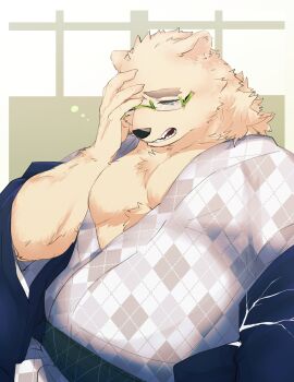 1boy alternate_costume animal_ears bara bear_boy bear_ears bone_color919 chest_tuft cowboy_shot fat fat_man fluffy furry furry_male glasses green-framed_eyewear hand_on_own_head highres japanese_clothes kimono leib_(housamo) male_focus mature_male pectoral_cleavage pectorals protected_link sleepy solo squeans thick_eyebrows tokyo_houkago_summoners