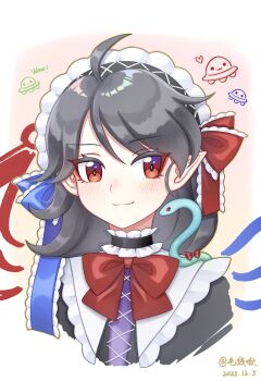 Rule 34 | 1girl, :3, absurdres, ahoge, artist name, asymmetrical wings, black choker, black dress, black hair, black hairband, blue ribbon, blue wings, blush, bow, bowtie, choker, closed mouth, commentary request, cropped torso, dated, dress, flat chest, frilled choker, frilled ribbon, frills, hair between eyes, hair ribbon, hairband, heart, highres, houjuu nue, kiri (maoxianjiu), lolita fashion, lolita hairband, long hair, looking at viewer, multicolored hairband, pink background, pointy ears, portrait, red bow, red bowtie, red eyes, red ribbon, red wings, ribbon, smile, snake, solo, touhou, twitter username, two-tone background, two-tone choker, two-tone hairband, two-tone ribbon, ufo, white background, white choker, white hairband, white ribbon, wings