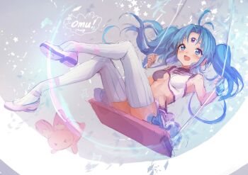 1girl ahoge artist_name bare_shoulders blue_eyes blue_hair blush breasts cyclops fang fingerless_gloves floating gloves grey_background lm7_(op-center) looking_at_viewer medium_breasts one-eyed open_mouth shoes smile soles swing thighhighs toy twintails