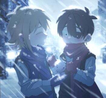Rule 34 | 2boys, absurdres, alternate costume, antenna hair, basil (faraway) (omori), basil (omori), black eyes, blonde hair, blue scarf, blurry, blurry background, bright pupils, double-parted bangs, hair between eyes, heterochromia, highres, holding snowman, long sleeves, looking at another, male focus, mini snowman, mittens, multiple boys, my loleeta, omori, outdoors, red scarf, scarf, short hair, sidelocks, snow, snowing, spoilers, sunny (omori), white eyes, white pupils