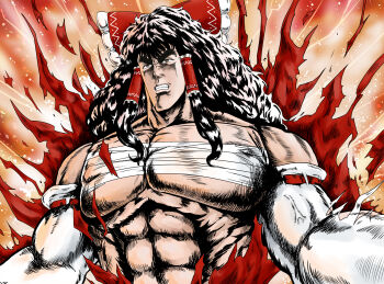 Rule 34 | 1girl, abs, aura, bandages, black hair, bow, clenched teeth, detached sleeves, hair bow, hair tubes, hakurei reimu, hara tetsuo (style), highres, hokuto no ken, kenshiro, long hair, manly, muscular, ototarou, red background, ribbon, teeth, torn clothes, touhou, wide sleeves