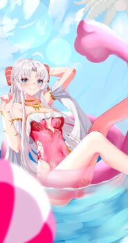 1girl absurdres arm_behind_head armband ball beachball blue_eyes breasts carlotta_(splashing_summer)_(wuthering_waves) carlotta_(wuthering_waves) cleavage frills hair_ribbon highres jewelry long_hair looking_at_viewer navel one-piece_swimsuit pink_one-piece_swimsuit qiangz ribbon sitting swimsuit water waves white_hair wuthering_waves