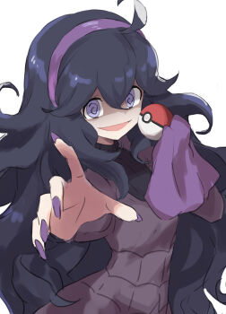 1girl @_@ absurdres ahoge black_hair commentary_request dress fingernails gazacy_(dai) hair_between_eyes hairband hex_maniac_(pokemon) highres holding holding_poke_ball jaggy_lines long_fingernails long_hair long_sleeves looking_at_viewer messy_hair nail_polish nintendo open_mouth outstretched_arm poke_ball poke_ball_(basic) pokemon pokemon_xy purple_eyes purple_hairband purple_nails reaching reaching_towards_viewer shaded_face simple_background smile solo very_long_hair white_background