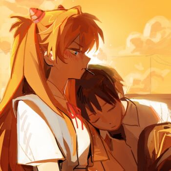 1boy 1girl black_hair cicivic245884 closed_eyes collared_shirt commentary cuddling ikari_shinji neon_genesis_evangelion orange_hair school_uniform shirt sleep_molestation sleeping sleeping_on_person souryuu_asuka_langley untranslatable_commentary