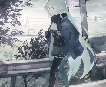 1girl black_corset black_jacket blue_archive blue_rola closed_mouth commentary_request corset day dress expressionless feet_out_of_frame grey_dress hair_between_eyes halo hand_in_pocket highres id_card jacket long_hair long_sleeves outdoors pantyhose pink_halo red_eyes school_uniform short_dress solo suzumi_(blue_archive) trinity_general_school_logo twitter_username very_long_hair walking