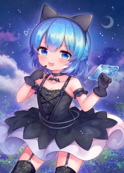 1girl :3 :d alternate_costume animal_ear_hairband animal_ears bare_shoulders black_choker black_dress black_gloves black_hairband black_thighhighs blue_eyes blue_hair blush cat_ear_hairband cat_ears choker cirno coa_(chroo_x) collarbone commentary_request cowboy_shot crescent_moon double-parted_bangs dress fake_animal_ears garter_straps gloves hairband hands_up heart highres ice ice_wings lace lace_thighhighs looking_at_viewer melting_wings moon night night_sky open_mouth outdoors short_hair sky sleeveless sleeveless_dress smile solo star_(sky) starry_sky thighhighs touhou wings