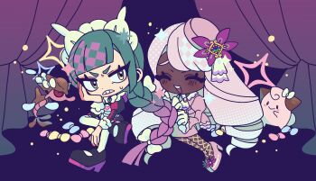 2girls absurdres annoyed apron bow braiding_another's_hair cleffa closed_eyes commentary_request curtains dark-skinned_female dark_skin gen_2_pokemon gen_6_pokemon hair_bow happy highres jacinthe_(pokemon) lebanne_(pokemon) maid maid_apron maid_headdress mega_stone mochi_(buchumi10) multiple_girls nintendo pokemon pokemon_legends:_z-a purple_hair skrelp white_bow yuri