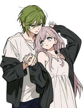 1boy 1girl arm_up black_cardigan braid cardigan chin_rest collarbone commentary_request commission couple cowboy_shot dear_vocalist double-parted_bangs dress ear_piercing expressionless green_hair grey_hair hair_between_eyes head_on_head head_rest height_difference hetero highres holding_hands jewelry korean_commentary leaning_on_person long_hair looking_at_another medium_hair momochi_(dear_vocalist) multiple_piercings necklace original ottonyao parted_lips piercing purple_eyes shirt side_braid simple_background very_long_hair white_background white_dress white_shirt