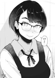 Rule 34 | 1girl, absurdres, blush, dated, glasses, greyscale, hadashi no kenji, hair ornament, hairclip, highres, looking at viewer, monochrome, original, parted bangs, school uniform, short hair, smile, solo, speech bubble, upper body