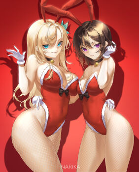 2girls absurdres animal_ears asymmetrical_docking bell blonde_hair blue_eyes boku_wa_tomodachi_ga_sukunai breast_press breasts brown_hair butterfly_hair_ornament covered_navel fake_animal_ears fishnet_pantyhose fishnets fur-trimmed_leotard fur_trim gloves hair_ornament hand_on_another&#039;s_waist highres kashiwazaki_sena large_breasts leotard long_hair looking_at_viewer medium_breasts mikazuki_yozora multiple_girls narika_(narikakkkk) neck_bell pantyhose purple_eyes rabbit_ears red_background red_leotard short_hair strapless strapless_leotard white_gloves
