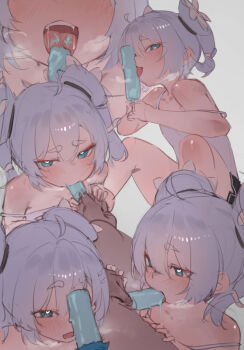 1boy 1girl ahoge aqua_eyes blush camisole food food_in_mouth grey_background grey_camisole grey_hair heart heart-shaped_pupils highres holding holding_food holding_popsicle licking loli looking_at_viewer multiple_views open_mouth popsicle popsicle_in_mouth sexually_suggestive sitting symbol-shaped_pupils teeth tongue tongue_out twintails upper_teeth_only wuthering_waves xaea_xp youhu_(wuthering_waves)