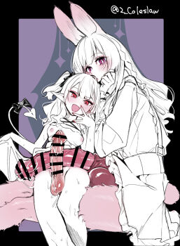 2futa animal_ears animal_penis blush breasts demon_girl demon_tail demon_wings erection futa_with_futa futanari highres horse_penis huge_penis huge_testicles large_penis long_hair looking_at_viewer mirin_chikuwa multiple_futa nipples open_mouth original penis penis_size_difference penises_touching pointy_ears precum purple_eyes rabbit_ears rabbit_girl rabbit_tail red_eyes sitting sitting_on_lap sitting_on_person small_breasts smile tail testicles wings