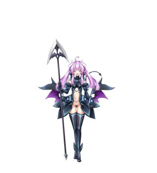 1girl ahoge amakubo_yuri aqua_trim black_gloves black_thighhighs blush boots breasts closed_eyes demon_girl demon_horns demon_tail demon_wings detached_sleeves elbow_gloves full_body game_cg gloves heart_maebari highres holding holding_polearm holding_weapon horns inoino kouyoku_senki_exs-tia large_variant_set lilistia lilistia_yuriel long_hair looking_at_viewer low_wings maebari navel non-web_source official_art open_mouth pointy_ears polearm pubic_tattoo purple_eyes purple_hair purple_wings small_breasts smile solo spear standing tachi-e tail tattoo thigh_boots thigh_gap thighhighs transparent_background twintails variant_set weapon wings