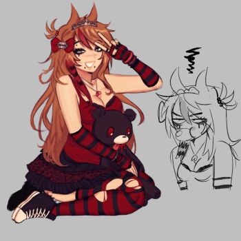 1girl alternate_costume animal_print animification antenna_hair black_gloves black_nails black_shoes black_skirt black_thighhighs bow breasts brown_hair cameo camisole character_doll cleavage commentary doll eddsworld elbow_gloves emo_fashion english_commentary eyebrow_piercing face_piercing fingerless_gloves full_body gloomy_bear gloves grey_background grey_eyes grin hair_bobbles hair_bow hair_ears hair_ornament heart heart_necklace highres holding holding_stuffed_toy itazuraguma_no_gloomy jewelry large_breasts layered_skirt leopard_print long_hair looking_at_viewer multicolored_hair multiple_views necklace piercing raccoon_tails_(hairstyle) razor_blade razor_blade_hair_ornament red_bow red_camisole red_gloves red_skirt red_thighhighs rincloudd scene_cut scene_fashion shoes simple_background sitting sketch_inset skirt smile snakebite_(piercing) sneakers solo_focus streaked_hair striped_clothes striped_gloves striped_thighhighs stuffed_animal stuffed_toy swept_bangs teddy_bear thick_eyelashes thighhighs tiara tori_(eddsworld) torn_clothes torn_thighhighs v very_long_hair wariza wristband zettai_ryouiki