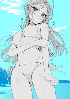 1girl absurdres bikini blue_theme blush braid breasts closed_mouth cloud commentary_request facial_mark forehead_mark greyscale_with_colored_background highres koi_to_senrigan_to_aonisai long_hair navel ouchi_kaeru side-tie_bikini_bottom solo swimsuit wet