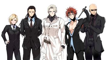 1girl 4boys adjusting_clothes adjusting_gloves aqua_eyes arms_behind_back bald baton_(weapon) belt_buckle bindi black_gloves black_hair black_jacket black_necktie black_pants black_shirt black_suit blonde_hair blue_eyes breasts brown_eyes brown_necktie buckle closed_mouth coat collared_shirt cowboy_shot crazy02oekaki elena_(ff7) facial_hair facial_mark final_fantasy final_fantasy_vii final_fantasy_vii_remake fingerless_gloves formal_clothes gloves goatee hair_pulled_back hair_slicked_back hand_in_pocket hand_on_own_hip highres holding_baton holding_behind_back holding_weapon_behind_back jacket light_smile long_coat long_hair long_sleeves looking_at_viewer low_ponytail male_focus medium_breasts multiple_boys necktie orange_eyes pants parted_bangs ponytail red_hair reno_(ff7) rude_(ff7) rufus_shinra shirt short_hair short_hair_with_long_locks side_part signature smile smirk spiked_hair standing suit suit_jacket sunglasses swept_bangs tseng weapon white_background white_coat white_shirt