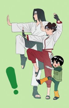 ! absurdres bandaged_arm bandaged_hand bandages black_hair black_headband black_shoes blunt_bangs blush bodysuit bowl_cut brown_hair closed_mouth commentary_request double_bun fingerless_gloves flak_jacket full_body furrowed_brow gloves green_background green_bodysuit green_vest hair_bun hand_up headband highres hyuuga_neji jacket korean_commentary leg_warmers long_hair m0_mo_momo mandarin_collar midriff_peek naruto_(series) naruto_shippuuden open-toe_shoes open_mouth orange_leg_warmers outstretched_hand pants parted_bangs parted_lips red_pants rock_lee shirt shoes short_hair size_difference standing standing_on_one_leg tenten_(naruto) thick_eyebrows vest white_dougi white_shirt yotsubato!_pose