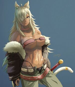 1girl abs animal_ear_fluff animal_ears bandeau bare_shoulders belt black_jacket black_panties blue_background breasts cat_ears cat_girl cat_tail choker cleavage closed_mouth collarbone commentary cowboy_shot english_commentary eyepatch fur-trimmed_jacket fur_trim ghislaine_dedoldia green_pants grey_hair hair_between_eyes hand_on_own_hip highleg highleg_panties jacket jacket_partially_removed large_breasts long_hair long_sleeves looking_at_viewer mushoku_tensei off_shoulder open_belt open_pants panties pants panty_straps red_bandeau red_choker scar scar_on_stomach signature simple_background solo string_panties tail tail_ornament tail_ring underwear xauching yellow_eyes