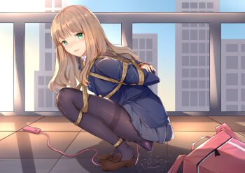 1girl absurdres arms_behind_back backpack bag bdsm black_pantyhose blue_jacket blue_sky blush bondage bound bound_arms bound_legs breasts brown_hair brown_shoes collared_shirt commission controller day dildo embarrassed female_focus from_side full_body green_eyes grey_skirt gridman_universe highres jacket kyou_shuka long_hair long_sleeves looking_at_viewer minami_yume miniskirt nose_blush open_mouth outdoors pantyhose pleated_skirt puddle pussy_juice railing remote_control remote_control_vibrator rooftop rope school_uniform sex_toy shibari shibari_over_clothes shiny_clothes shirt shoes sidelocks skirt sky small_breasts solo squatting ssss.dynazenon sunlight thighband_pantyhose vibrator vibrator_cord vibrator_under_clothes wet wet_clothes white_shirt