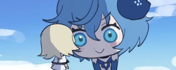 2girls blonde_hair blue_eyes blue_hair blush_stickers did_you_want_to_talk?_(meme) drag-on_dragoon drag-on_dragoon_3 hair_between_eyes hair_ornament looking_at_another meme miichinori multiple_girls one_(drag-on_dragoon) short_hair size_difference smile tomodachi_life tomodachi_life:_living_the_dream two_(drag-on_dragoon)