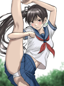 1girl arm_up black_hair blue_sailor_collar blue_skirt brown_eyes character_request commentary_request copyright_request day grey_ribbon hair_ribbon hand_up highres hiyoko_kurenai kneepits long_hair looking_at_viewer midriff midriff_peek miniskirt navel neckerchief outdoors panties pantyshot parted_bangs parted_lips pleated_skirt red_neckerchief ribbon sailor_collar shirt short_sleeves side_ponytail skirt solo split standing standing_on_one_leg standing_split summer_uniform underwear white_panties white_shirt