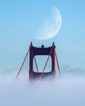 blue_sky bridge commentary_request day fog golden_gate_bridge half_moon hoshiumisora moon no_humans original outdoors photorealistic real_world_location realistic san_francisco scenery sky suspension_bridge united_states