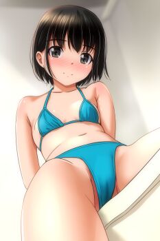 1girl arm_support bikini black_hair blue_bikini blush breasts brown_eyes cameltoe collarbone highres looking_at_viewer matsunaga_kouyou navel original short_hair sitting small_breasts smile swimsuit