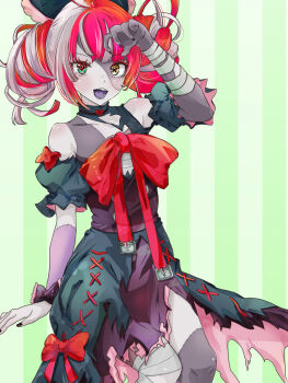 Rule 34 | 1girl, arm up, bandaged arm, bandages, black bow, black dress, blunt ends, bow, bowtie, commentary, cowboy shot, diamond-shaped pupils, diamond (shape), double bun, dress, english commentary, green eyes, hair bow, hair bun, heterochromia, highres, hololive, hololive indonesia, invisible chair, kureiji ollie, kureiji ollie (1st costume), layered skirt, looking at viewer, mismatched pupils, multicolored hair, open mouth, patchwork skin, puffy short sleeves, puffy sleeves, red bow, red bowtie, red hair, ribbon, short sleeves, sitting, skirt, solo, stitched arm, stitched face, stitched leg, stitched torso, stitches, striped background, symbol-shaped pupils, torn clothes, torn dress, two-tone hair, vertical-striped background, virtual youtuber, white hair, wrist ribbon, x-shaped pupils, yellow eyes, zaki zaki zaki, zombie