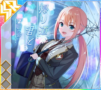 Rule 34 | 1girl, :d, album cover, aqua eyes, bag, blazer, blue bag, blush, breasts, character name, cover, dot nose, dutch angle, emblem, game cg, green jacket, green skirt, handbag, high-waist skirt, holding, holding umbrella, idol wars, jacket, large breasts, lens flare, long sleeves, looking at viewer, low ponytail, necktie, non-circular lens flare, official art, open clothes, open jacket, open mouth, pink hair, plaid clothes, plaid skirt, ponytail, red necktie, school uniform, shirt, sidelocks, skirt, smile, solo, takatsukasa mikoto, third-party source, translated, transparent, transparent umbrella, umbrella, under umbrella, upper body, white shirt