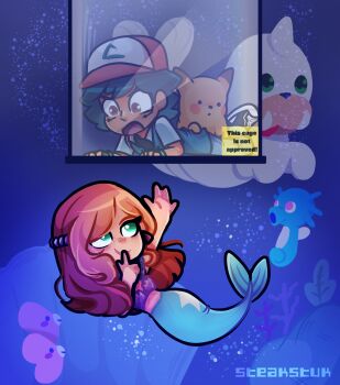 1boy 1girl against_glass air_bubble aquarium artist_name ash_ketchum baseball_cap black_hair black_shirt blue_jacket brown_eyes brown_hair bubble coral eating english_text finger_to_mouth food gen_1_pokemon gen_3_pokemon green_eyes hair_ornament hand_on_glass hat highres horsea jacket long_hair luvdisc mermaid mermaid_misty_(pokemon) misty_(pokemon) monster_girl monsterification nintendo open_mouth orange_hair pikachu pokemon pokemon_(anime) pokemon_(classic_anime) pokemon_(creature) pokemon_rgby red_hair seel shell shirt short_hair short_sleeves smile steakstuk submerged underwater